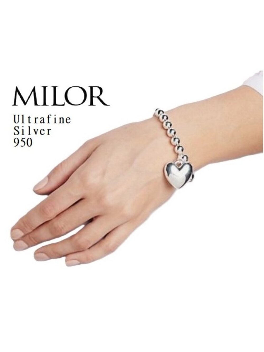 Milor UltraFine 950 Sterling Silver 8mm Ball Bead 8.25" Bracelet +Heart Charm